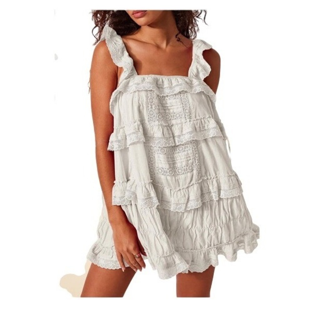Gacaky NWT Ruffle Lace Mini Dress/Romper Womens Size S White Tiered Coquette